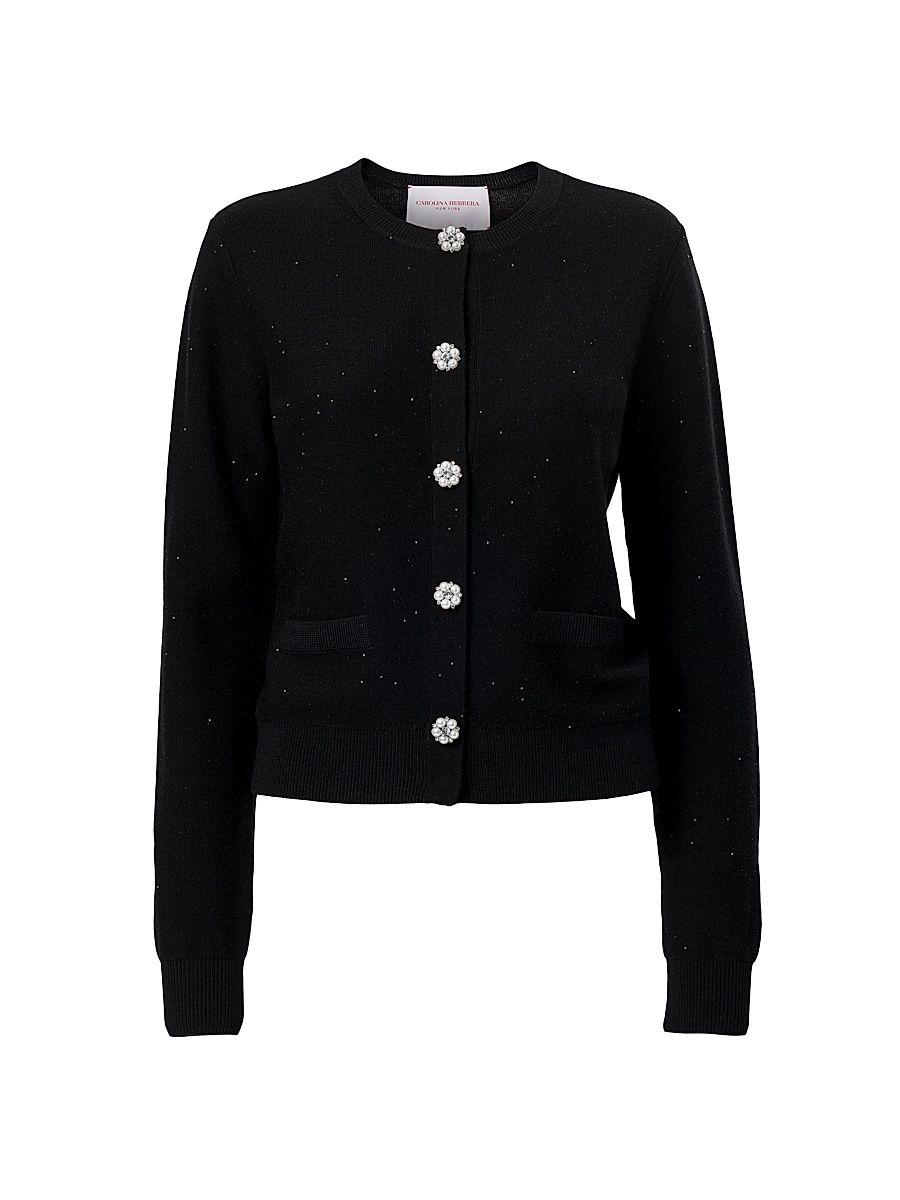 Women's Embellished Sequined Stretch-Wool Crewneck Cardigan - Black - Size Medium