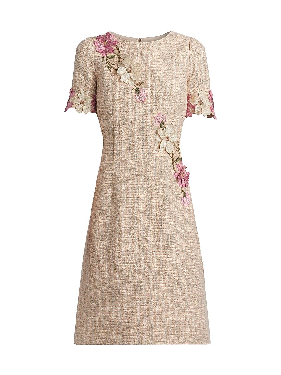 Women's Floral Appliqué Tweed Cocktail Dress - Cream Multi - Size 10