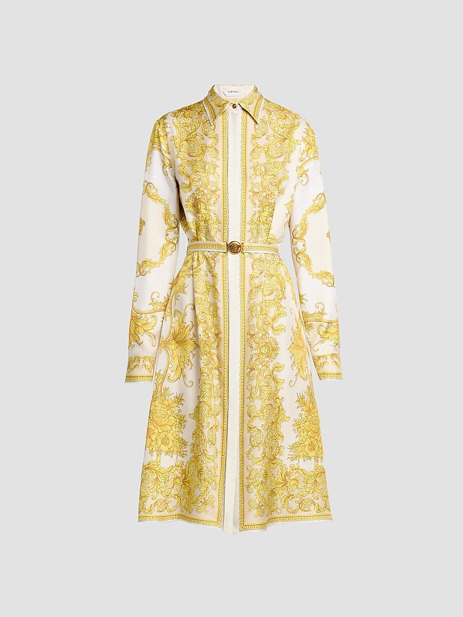 Women's Baroque-Print Silk Twill Midi Shirtdress - Bone Ivory Gold - Size 10