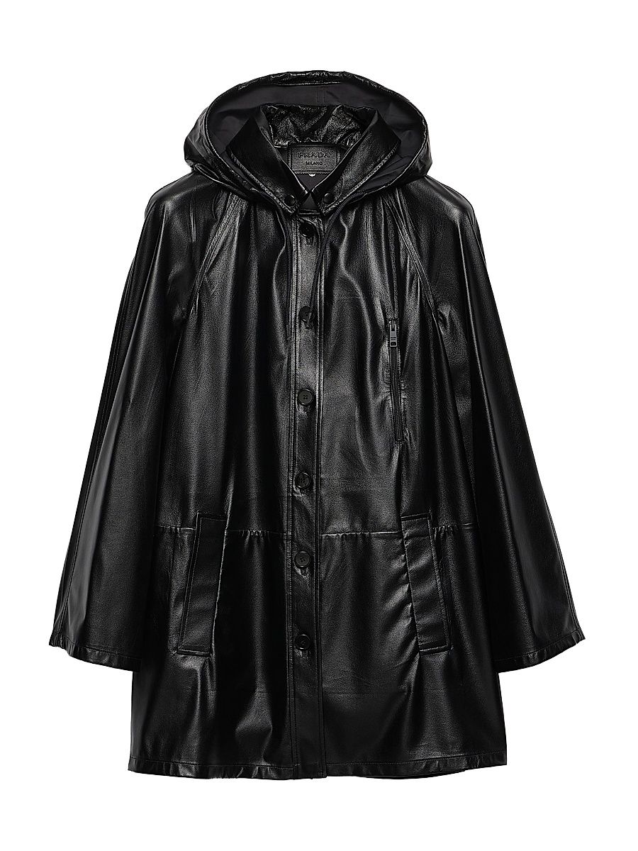Women's Hooded Nappa Leather and Fabric Caban Jacket - Black - Size 4