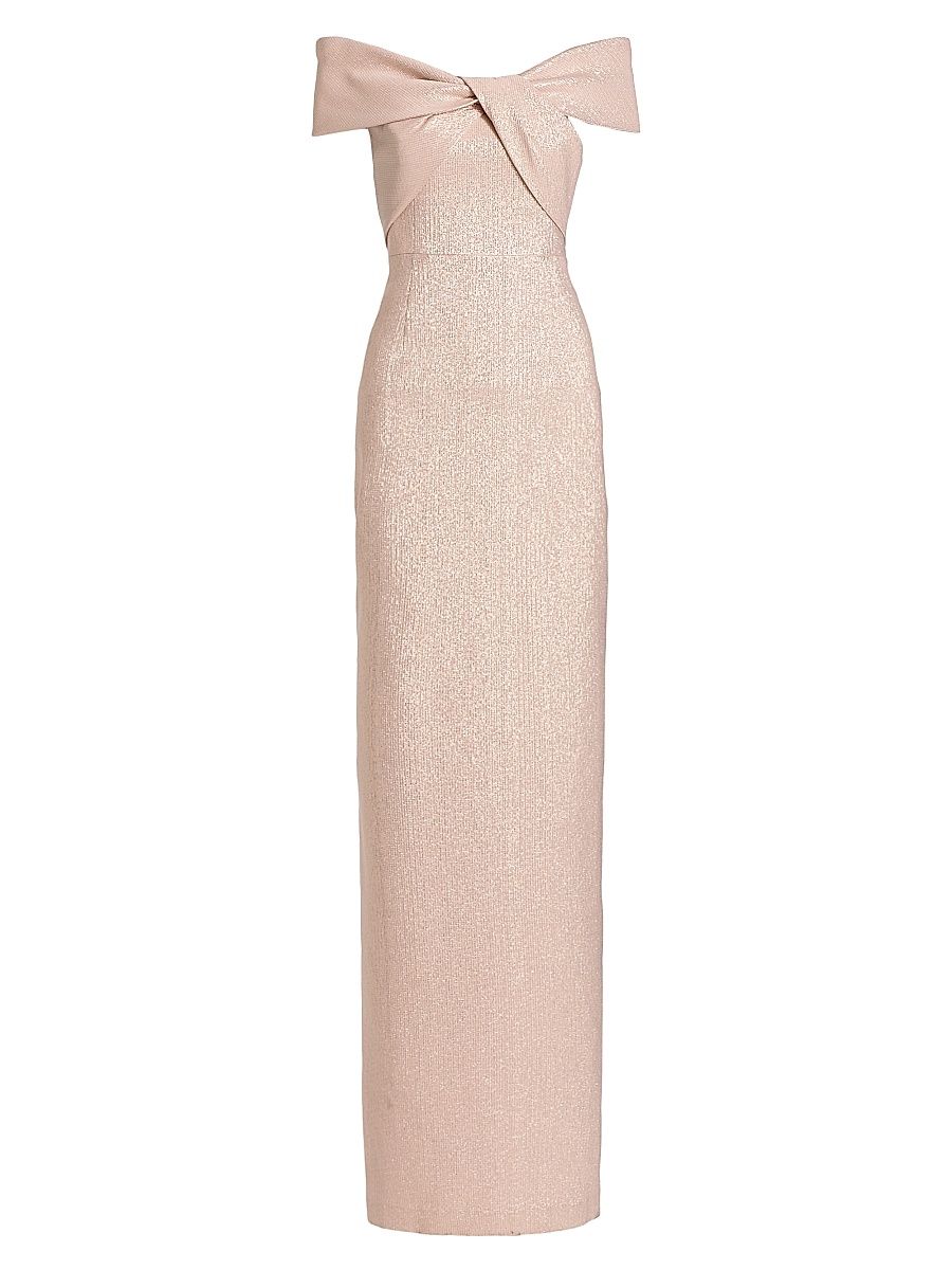 Teri Jon by Rickie Freeman Women's Metallic Off-The-Shoulder Gown - Ice Pink - Size 16