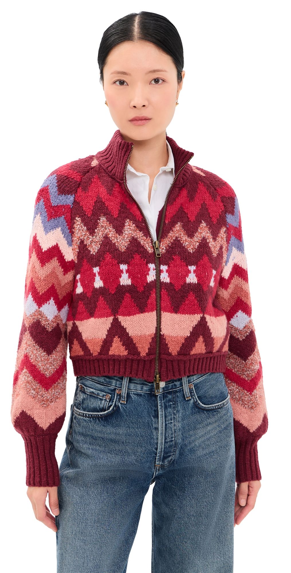 Free People Sundazed Jacquard Cardigan Crimson Frost XS