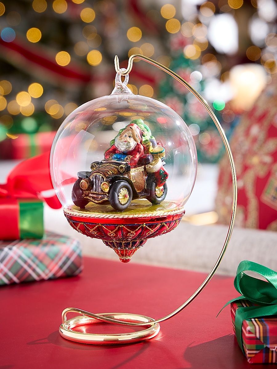 Glass Santa In A Classic Car Ornament