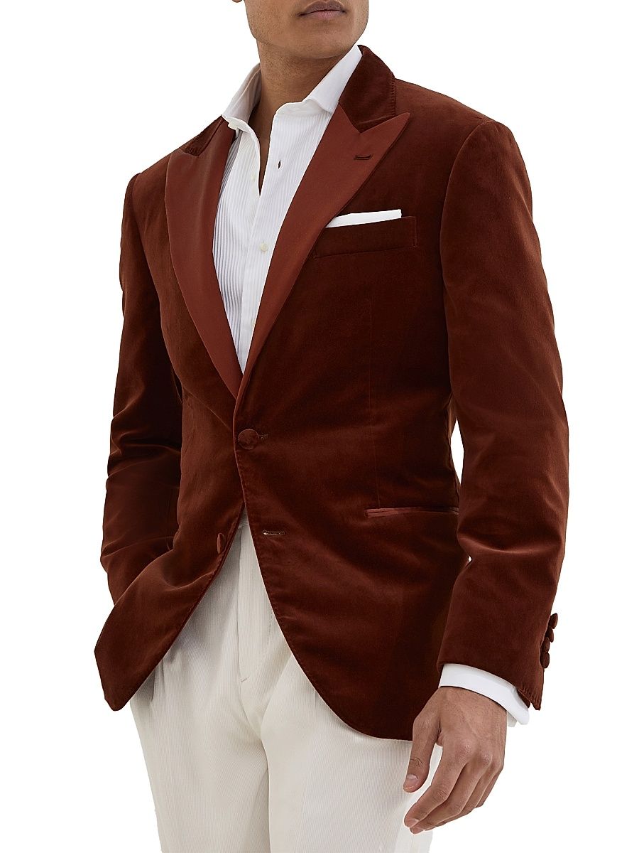 Men's Cotton and Silk Velvet Tuxedo Jacket with Peak Lapels - Brown - Size 46