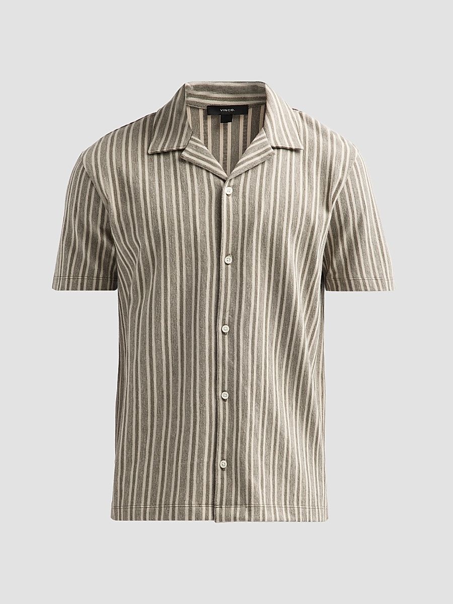 Vince Men's Cabana Striped Camp Shirt - Dark Artichoke Haze - Size Large