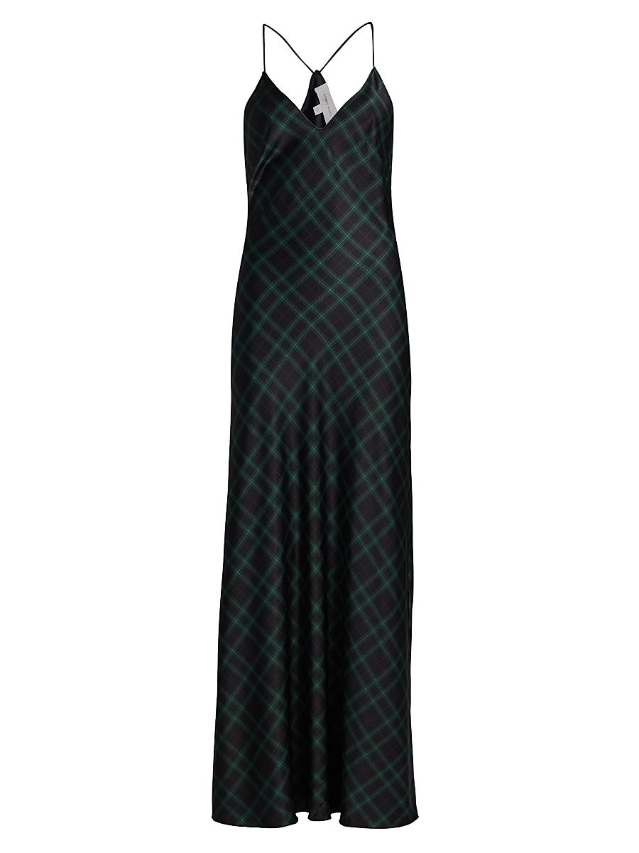 Women's Bethanne Plaid V-Neck Slip Gown - Navy Green Plaid - Size Medium