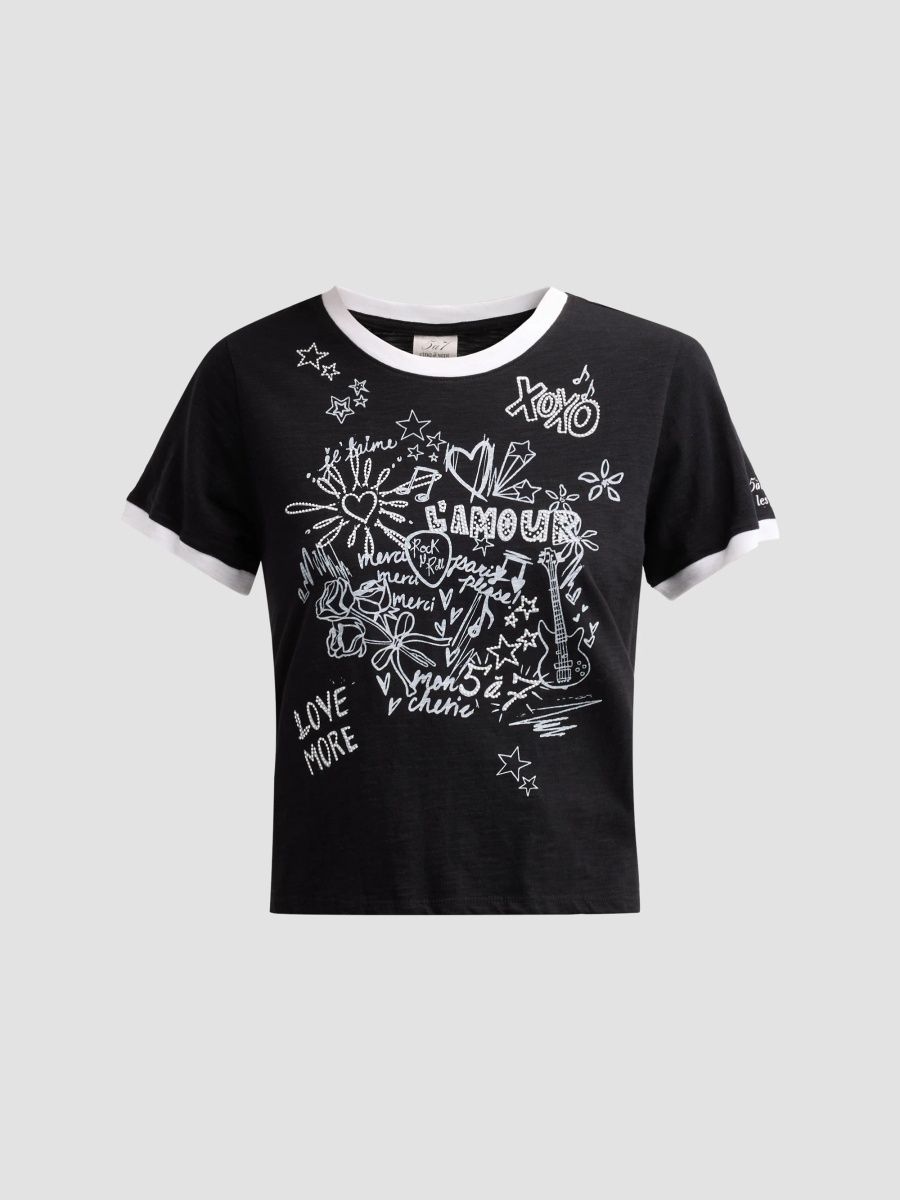 Women's L'Amour Doodle Shrunken T-Shirt - Black White - Size XXS