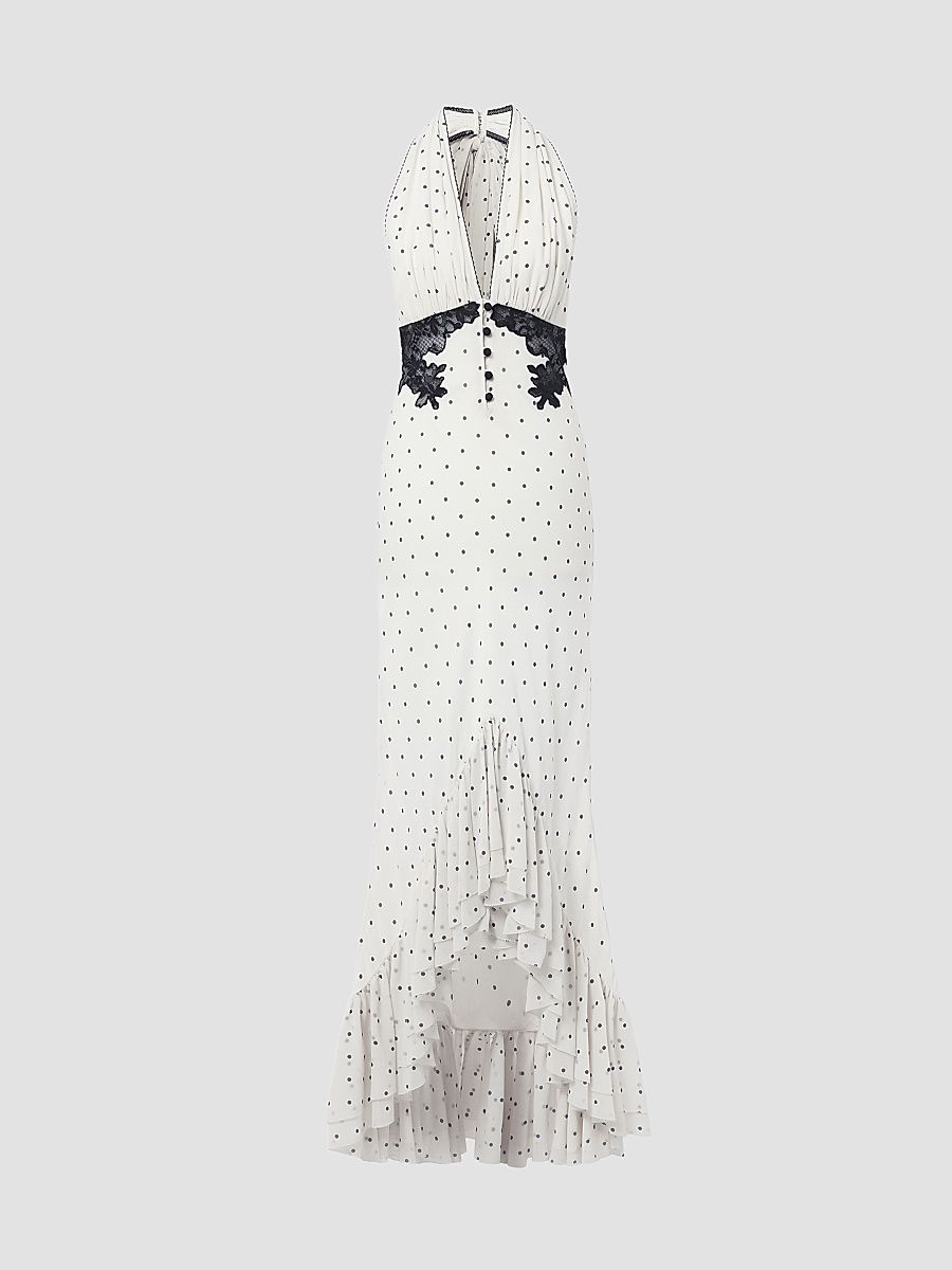 Women's Polka Dot Halterneck High-Low Maxi Dress - White - Size 12