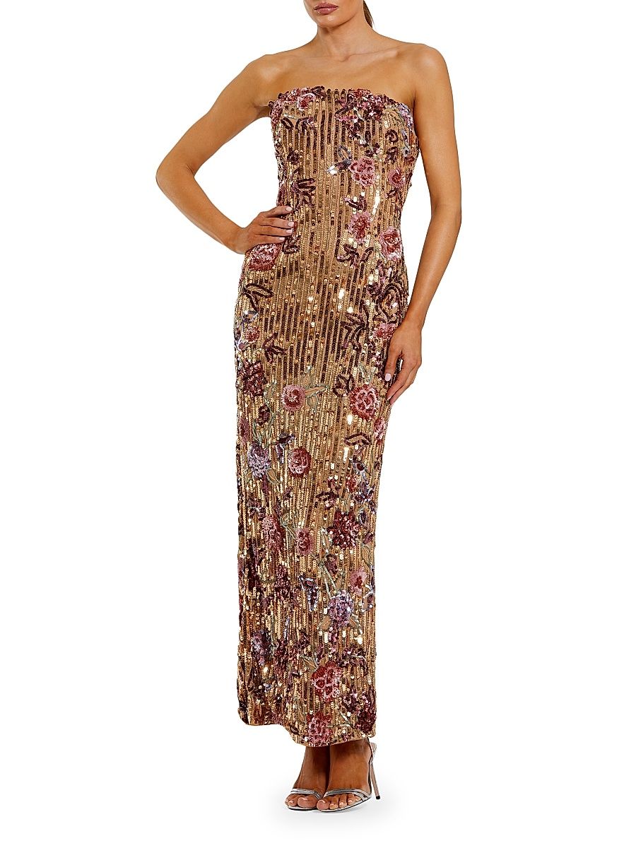 Women's Petite Sequined Floral Strapless Cocktail Maxi Dress - Gold Multi - Size 4