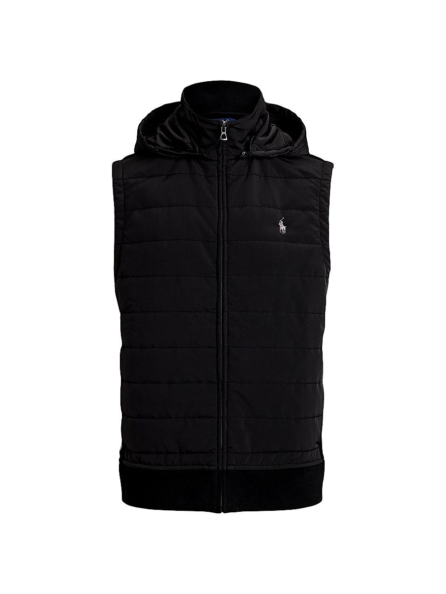 Men's Hooded Quilted Hybrid Vest - Polo Black - Size Large