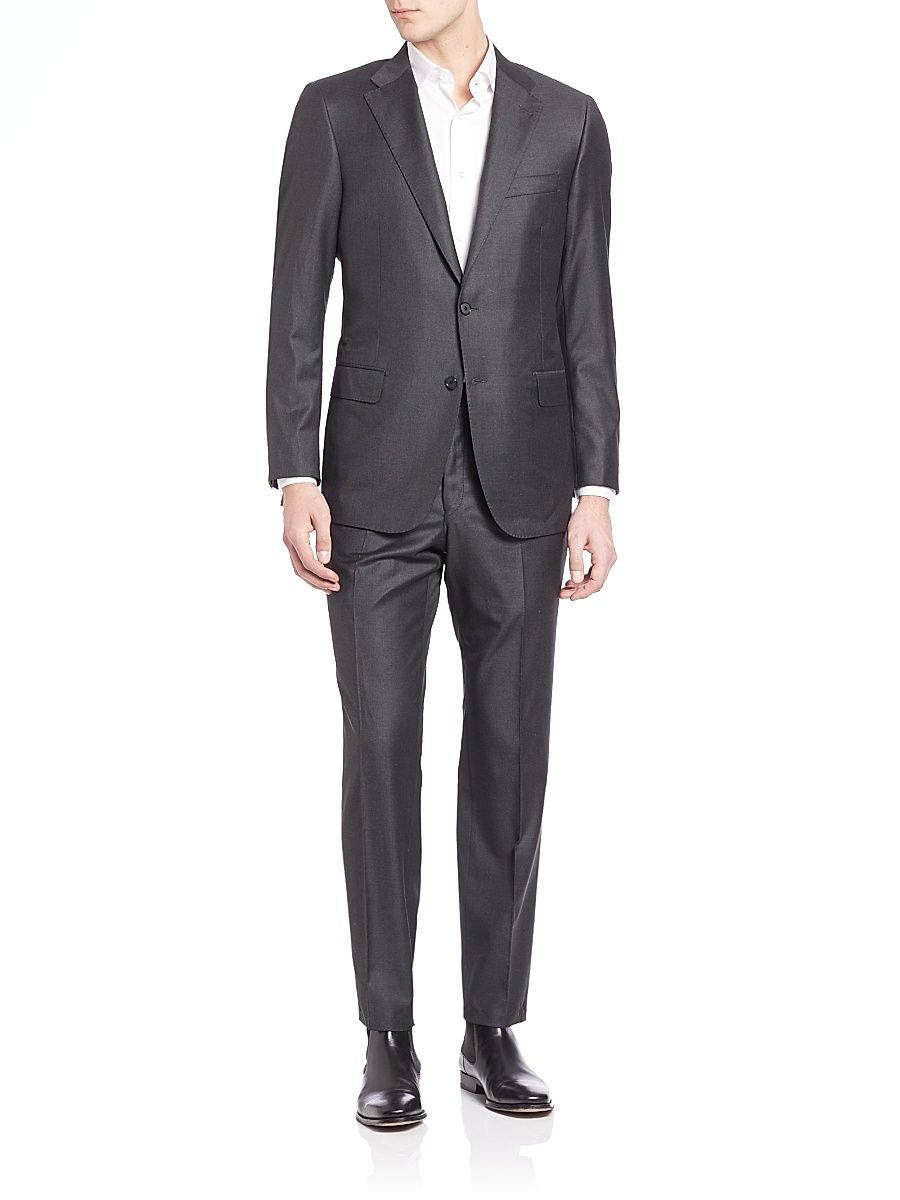 Men Solid Wool Suit Set - Grey - Size 42