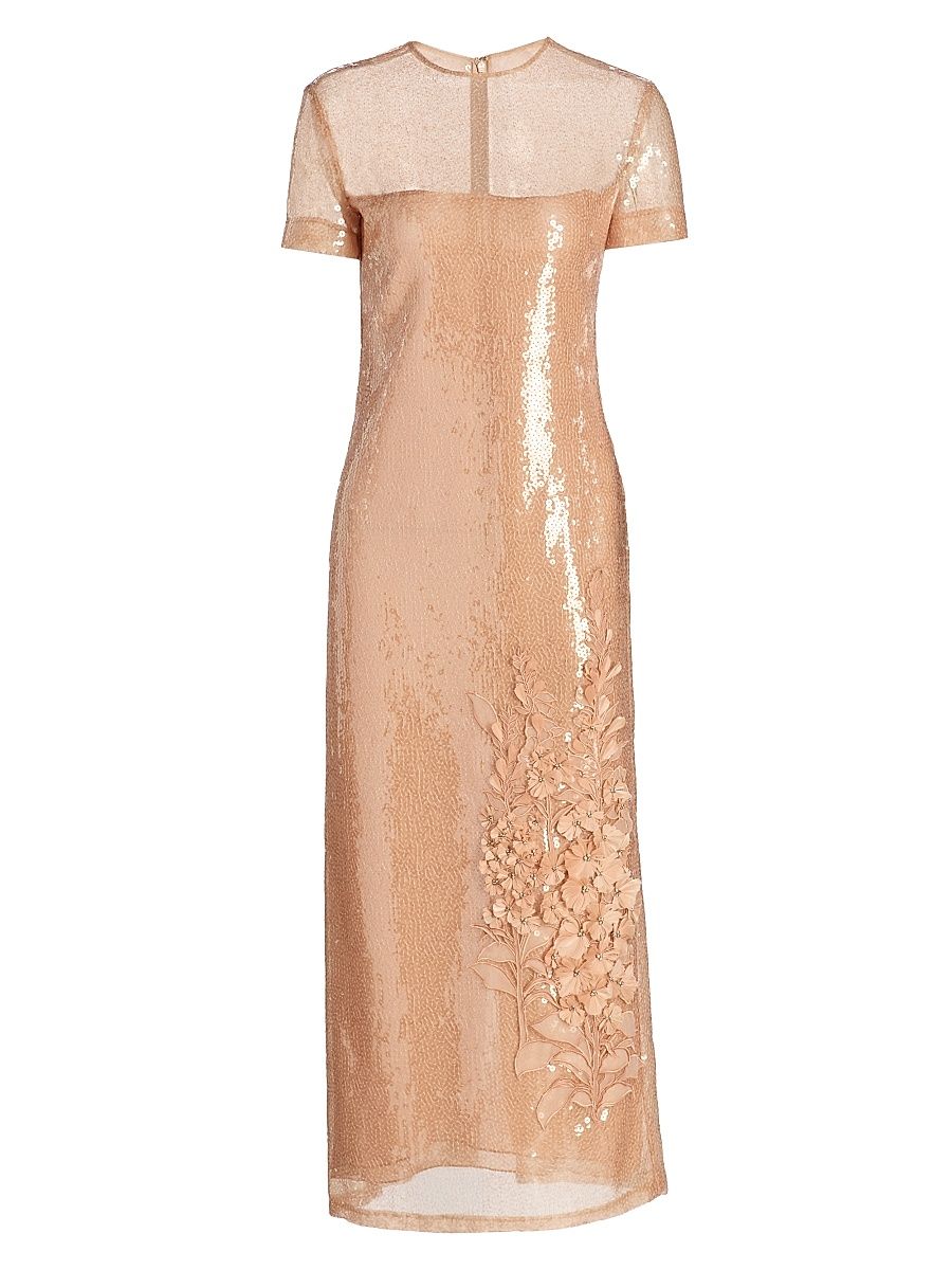 Women's Floral-Appliqué Sequined Short-Sleeve Cocktail Dress - Beige - Size 8