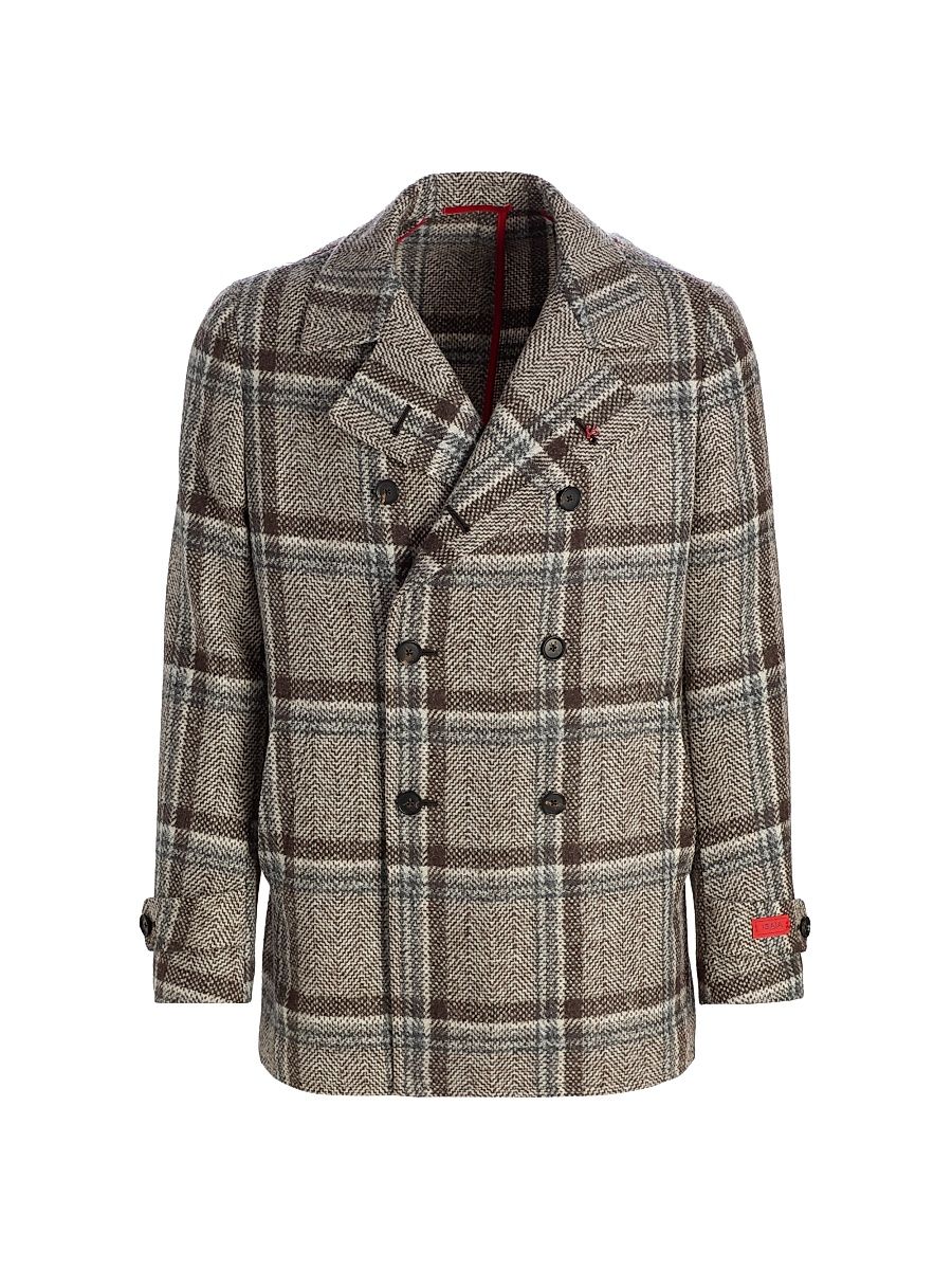 Men's Plaid Wool-Nylon Double-Breasted Peacoat - Tan Plaid - Size 48