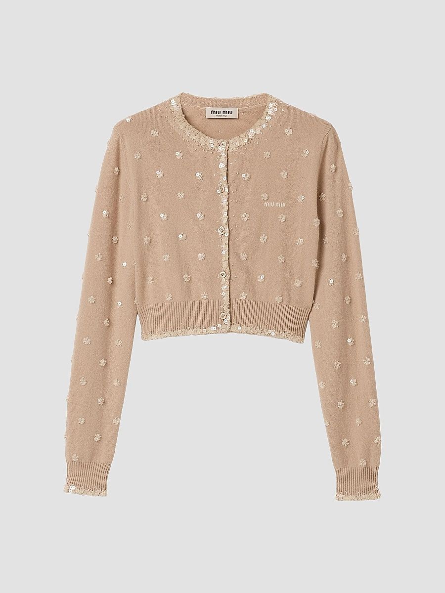 Miu Miu Women's Embroidered Cashmere Cardigan - Beige Khaki - Size 2