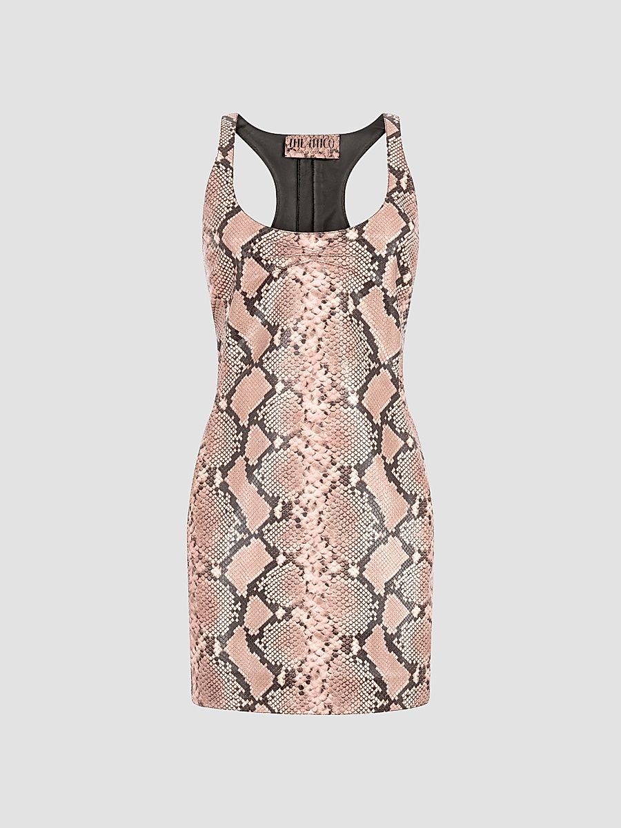 Women's Snakeskin Print Leather Mini Dress - Black Soft Pink - Size 00