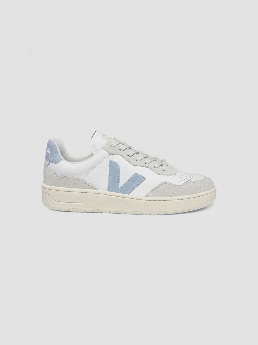Veja Women's V-90 Bi-Color Mixed Leather Low-Top Sneakers - White Blue - Size 10