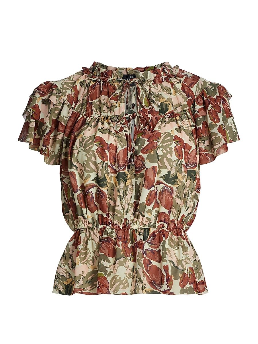 Women's Floral Ruffled Short-Sleeve Top - Floral - Size XL