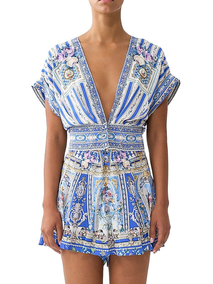 Women's Ottoman Button-Waist Romper - Blue Multi - Size Large