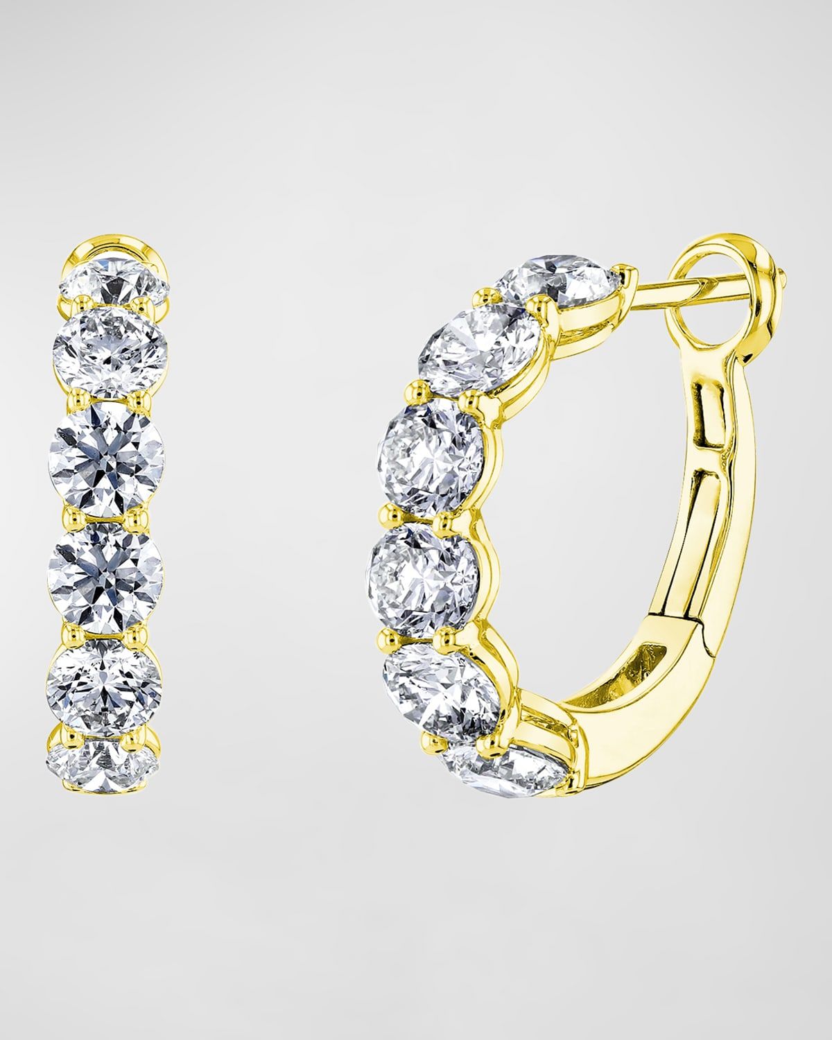 18K Gold Round Diamond Halfway Huggie Hoop Earrings, 5tcw/0.75"L