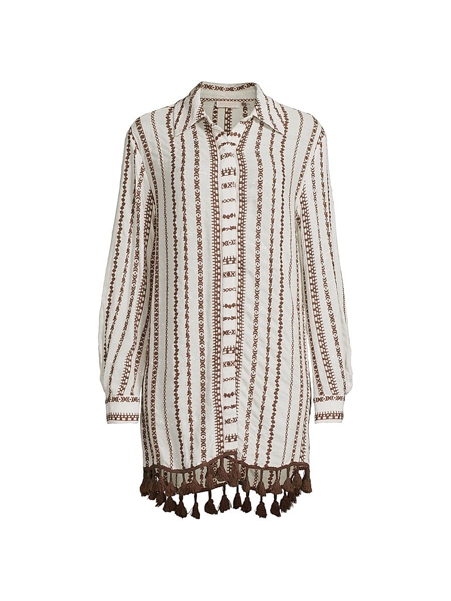 Women's Roman Embroidered Cover-Up Shirt - Brown Stripe - Size Medium