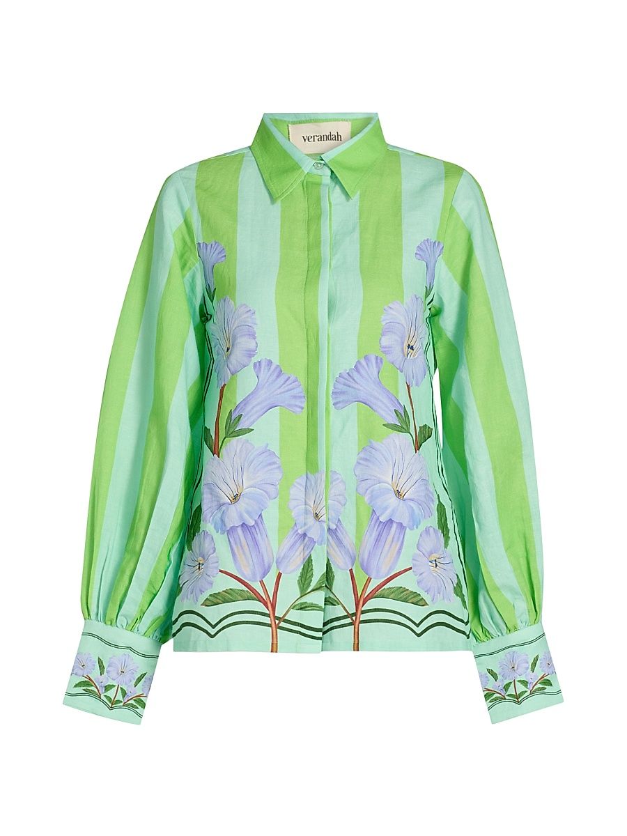 Women's Ammama Neelgiri Wild Flower Tunic Blouse - Aqua And Green Neelgiri - Size XL