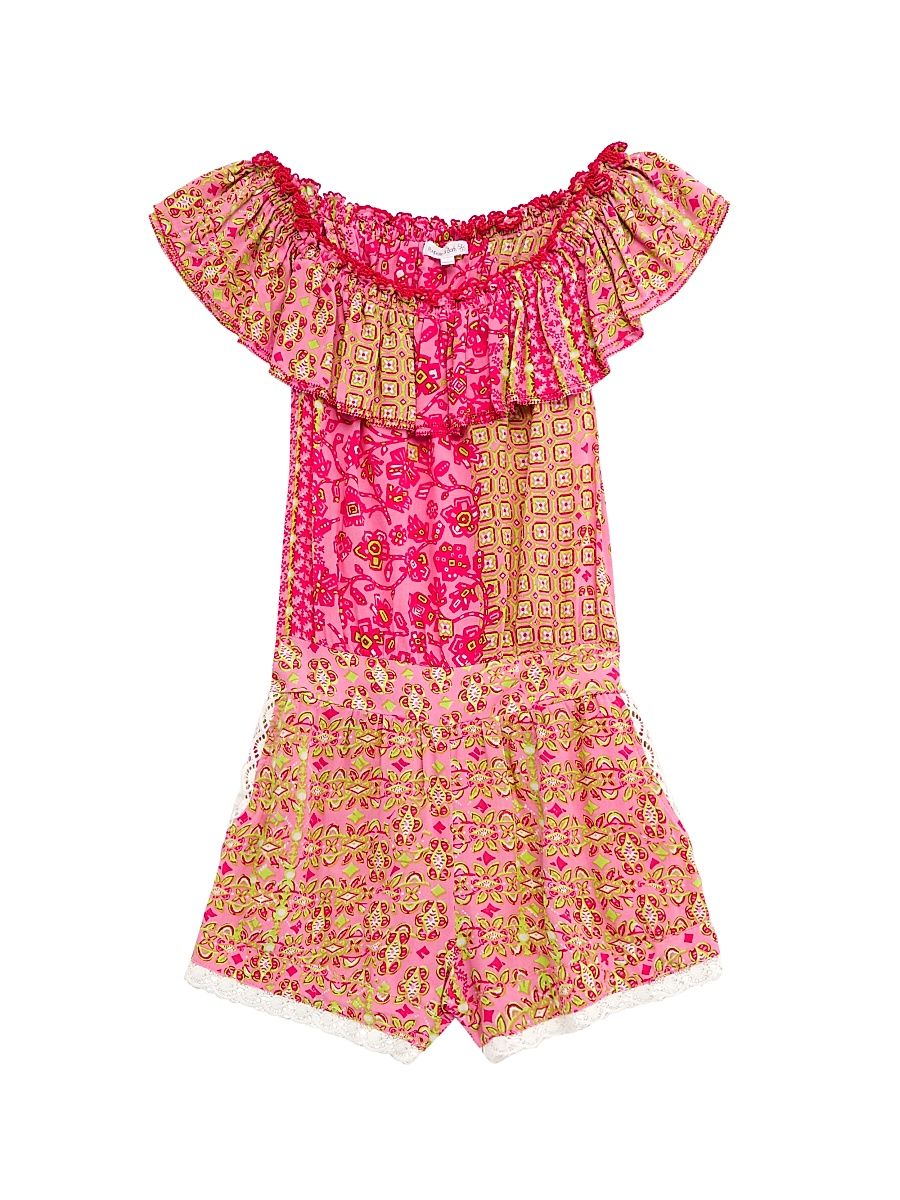 Little Girl's & Girl's Bella Off-The-Shoulder Romper - Pink Verti Batik - Size 2