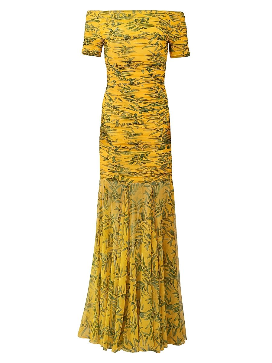 Women's Olive Branch Off-the-Shoulder Gathered Silk Gown - Daffodil Multi - Size 10