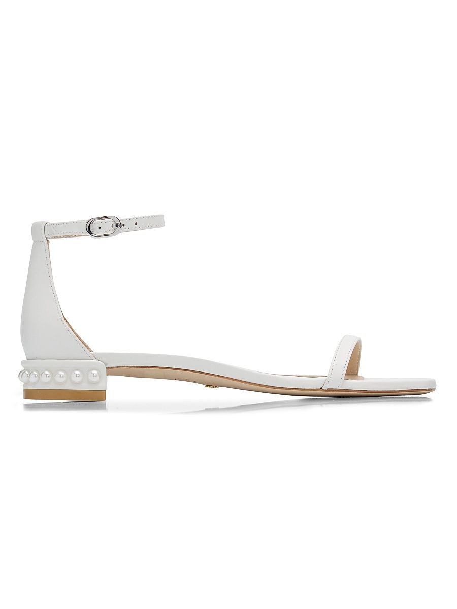 Women's Nudist Imitation Pearl Leather Kitten-Heel Sandals - White - Size 9