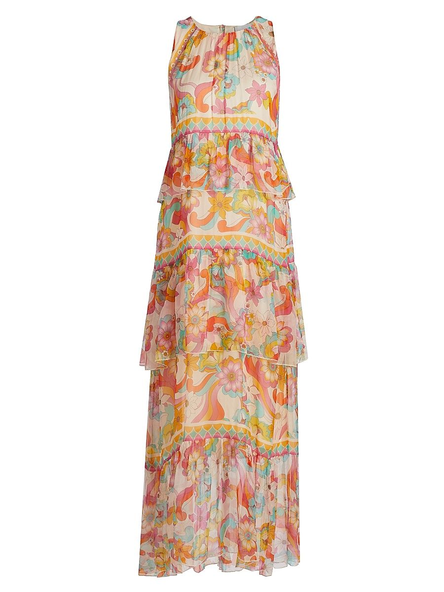 Women's Karina Floral Silk Tiered Maxi Dress - Prismatic Dream - Size Large