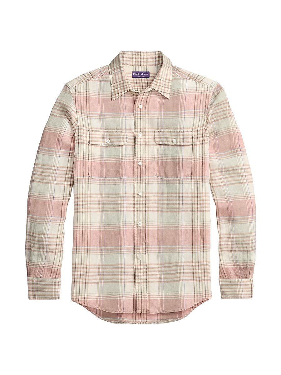 Men's Plaid Linen Long-Sleeve Sport Shirt - Raspberry - Size XXL
