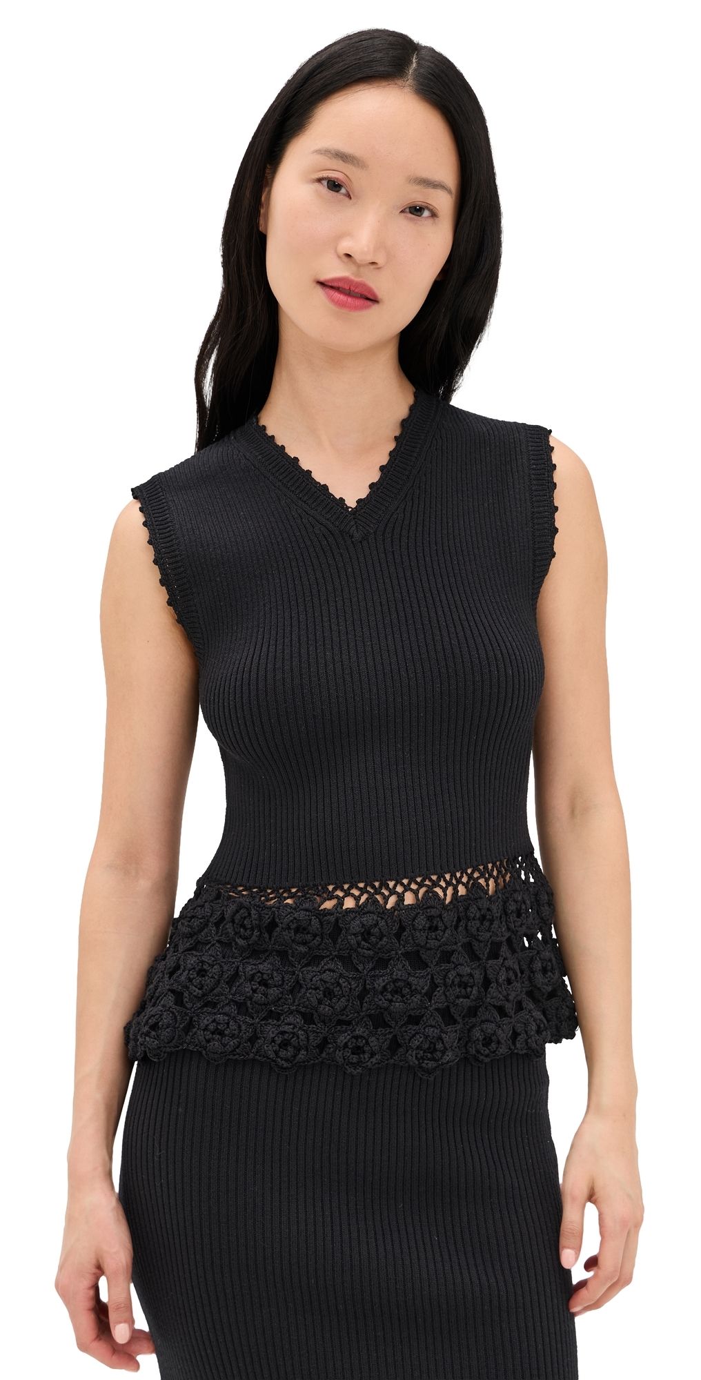 GANNI Fine Cotton Rib Crochet Vest Black XS