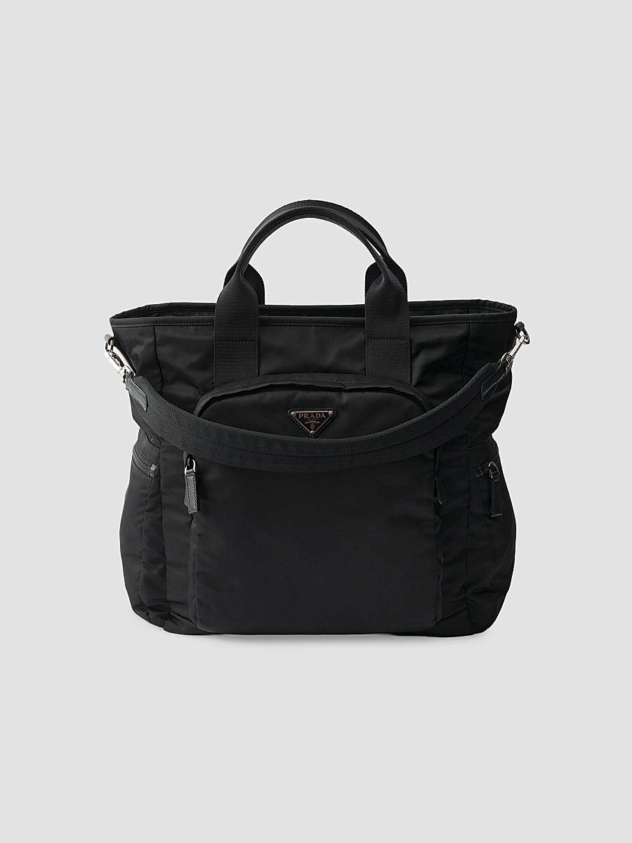 Men's Re-Nylon and Saffiano Leather Tote Bag - Black
