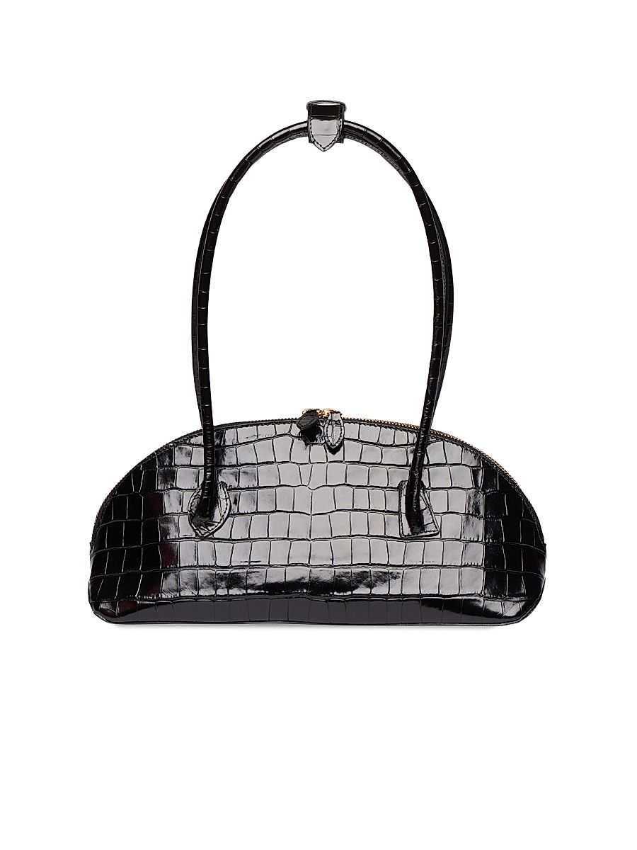 Women's Croc-Embossed Leather Shoulder Bag - Black - Size 10