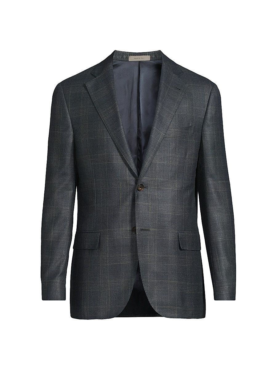 Men's Plaid Silk-Cashmere Sport Coat - Navy Natural - Size 46