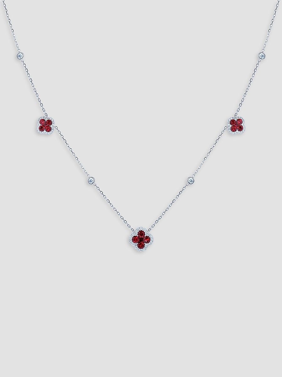 Women's 18K White Gold, Ruby & 0.83 TCW Diamond Clover Station Necklace - White Gold