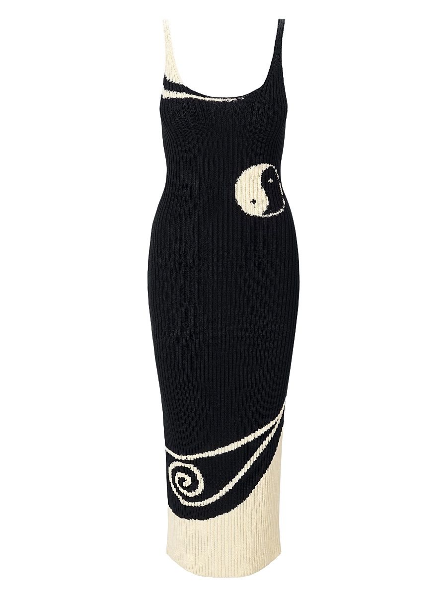 Women's Leta Yin & Yang Rib-Knit Cotton Midi-Dress - Black Ivory - Size Large