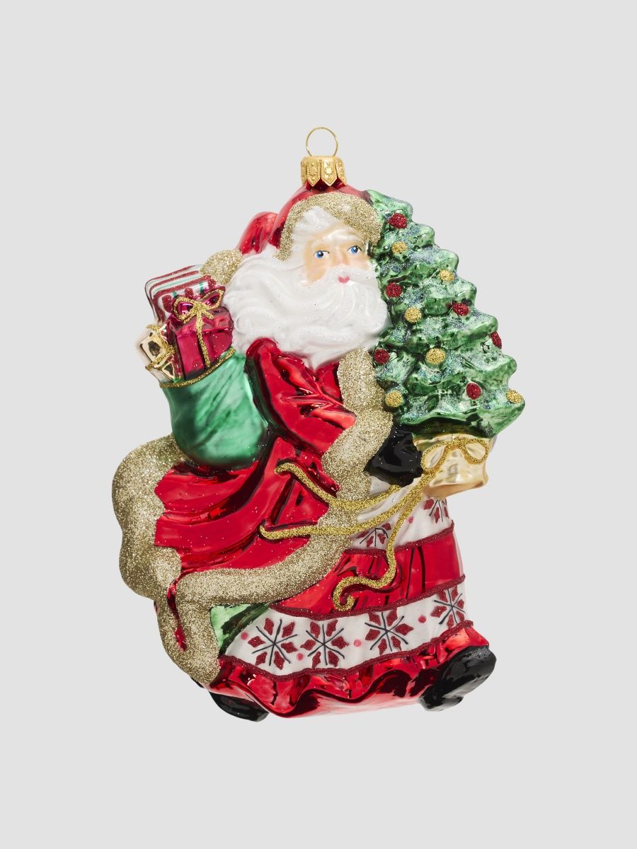 Santa With Shopping Bags & Tree Glass Ornament