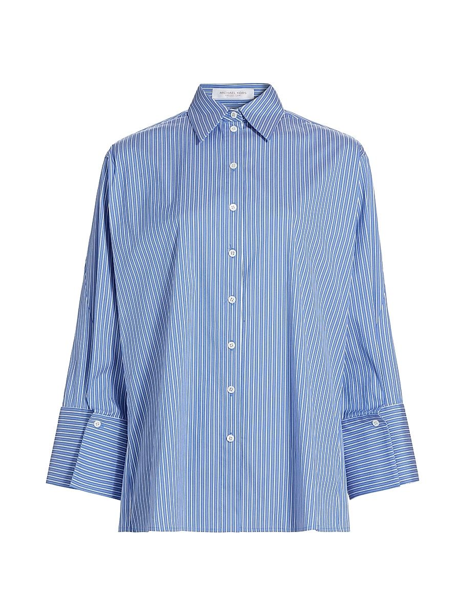 Women's Pinstriped Cotton-Blend Oversized Shirt - Azure Optic White - Size 14