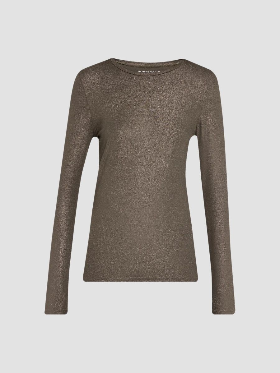 Majestic Filatures Women's Soft Touch Metallic Long-Sleeve Crewneck T-Shirt - Volcanic Rock - Size XL