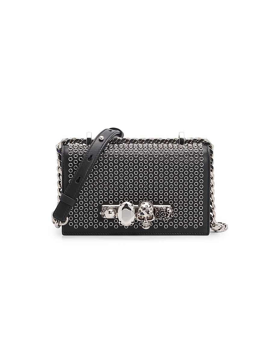 Women's Mini Jewelled Leather Satchel - Black Silver