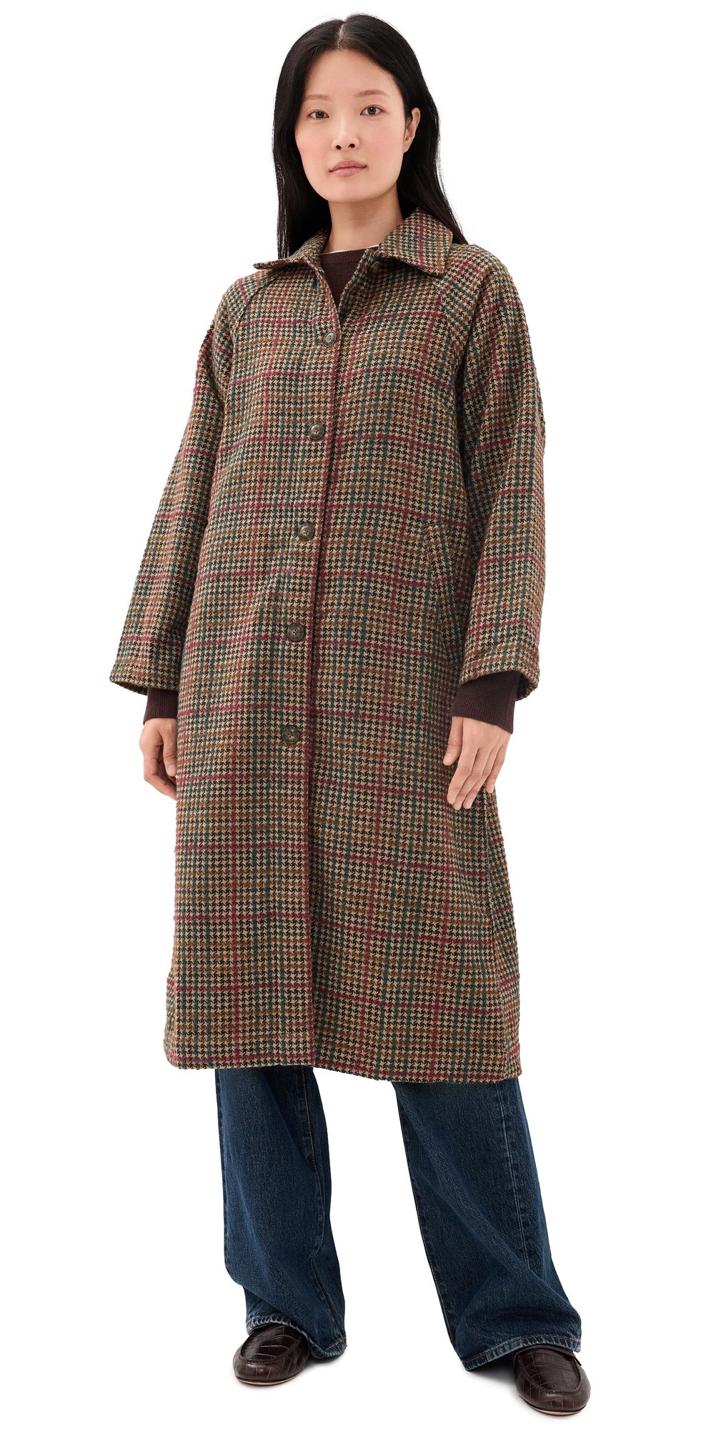 Marine Layer Hayes Houndstooth Trench Coat Neutral Mini Herringbone L