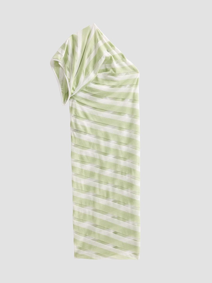 Women's One-Shoulder Layered Sheer Striped Knit Midi Dress - Size XS