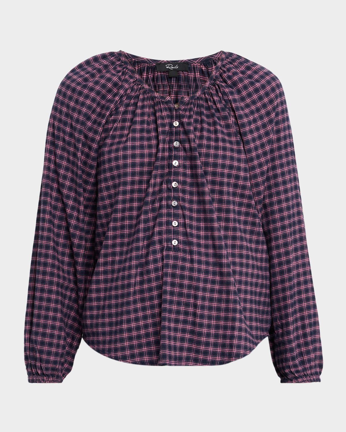 Indi Check Long-Sleeve Babydoll Blouse