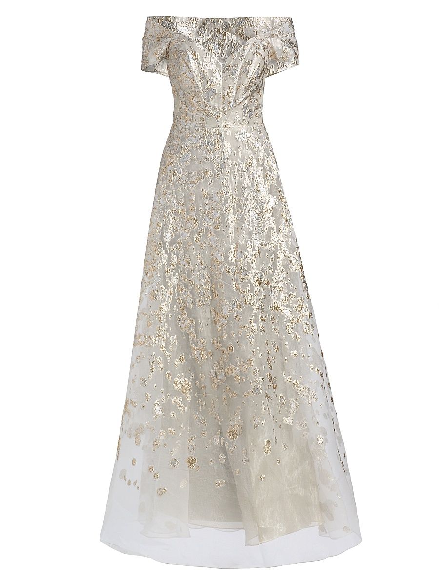 Women's Off-The-Shoulder Metallic Ball Gown - Silver Gold - Size 16