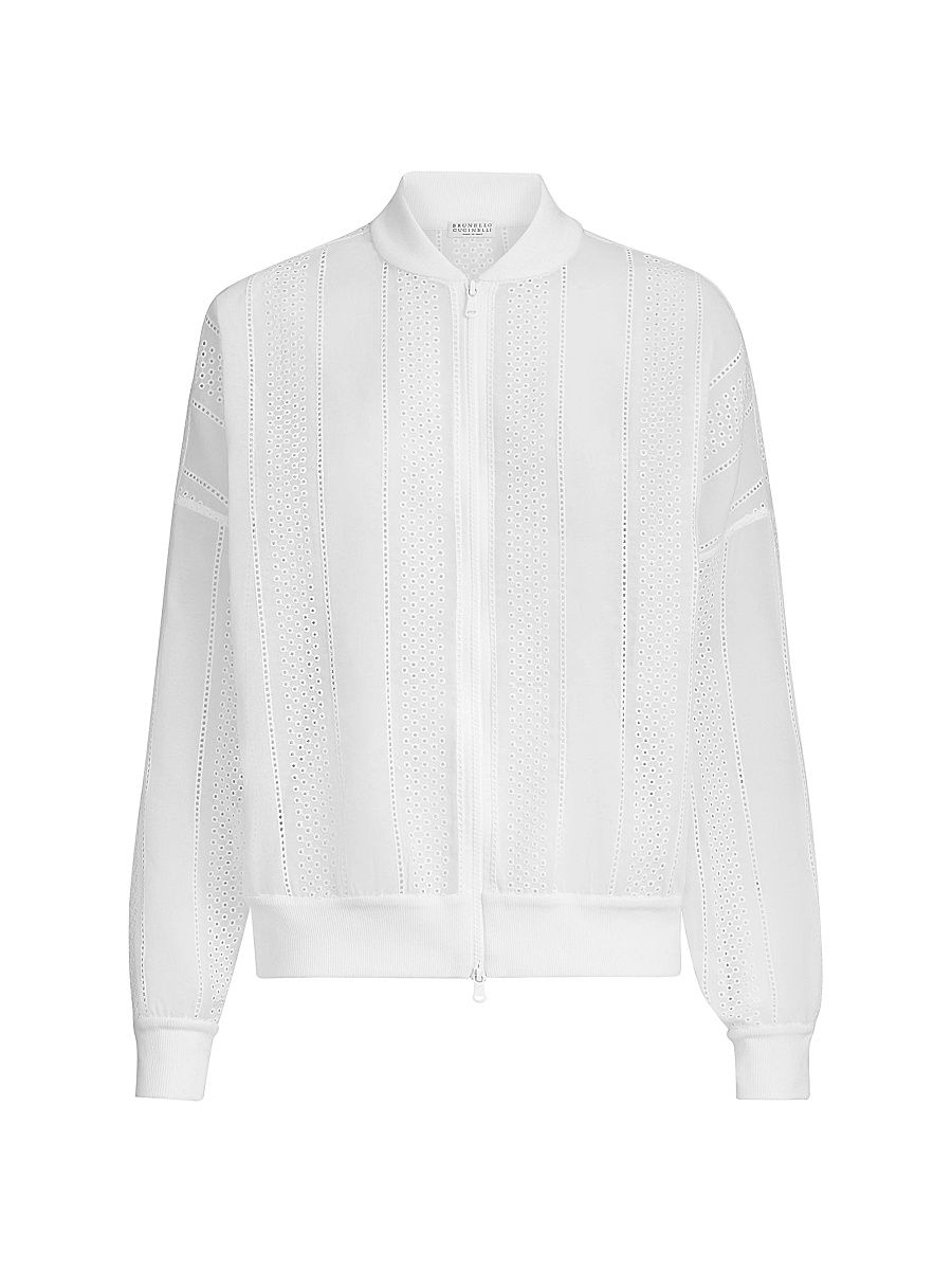 Women's Cotton Organza Broderie Anglaise Bomber Jacket with Zip and Monili - White - Size 8