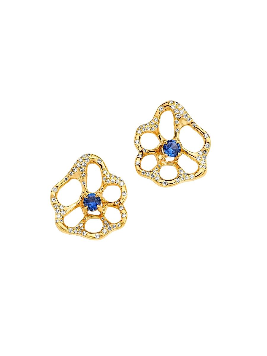 Women's Stardust Drizzle Flora Medium 18K Yellow Gold, Blue Sapphire & 0.40 TCW Diamond Stud Earrings - Yellow Gold
