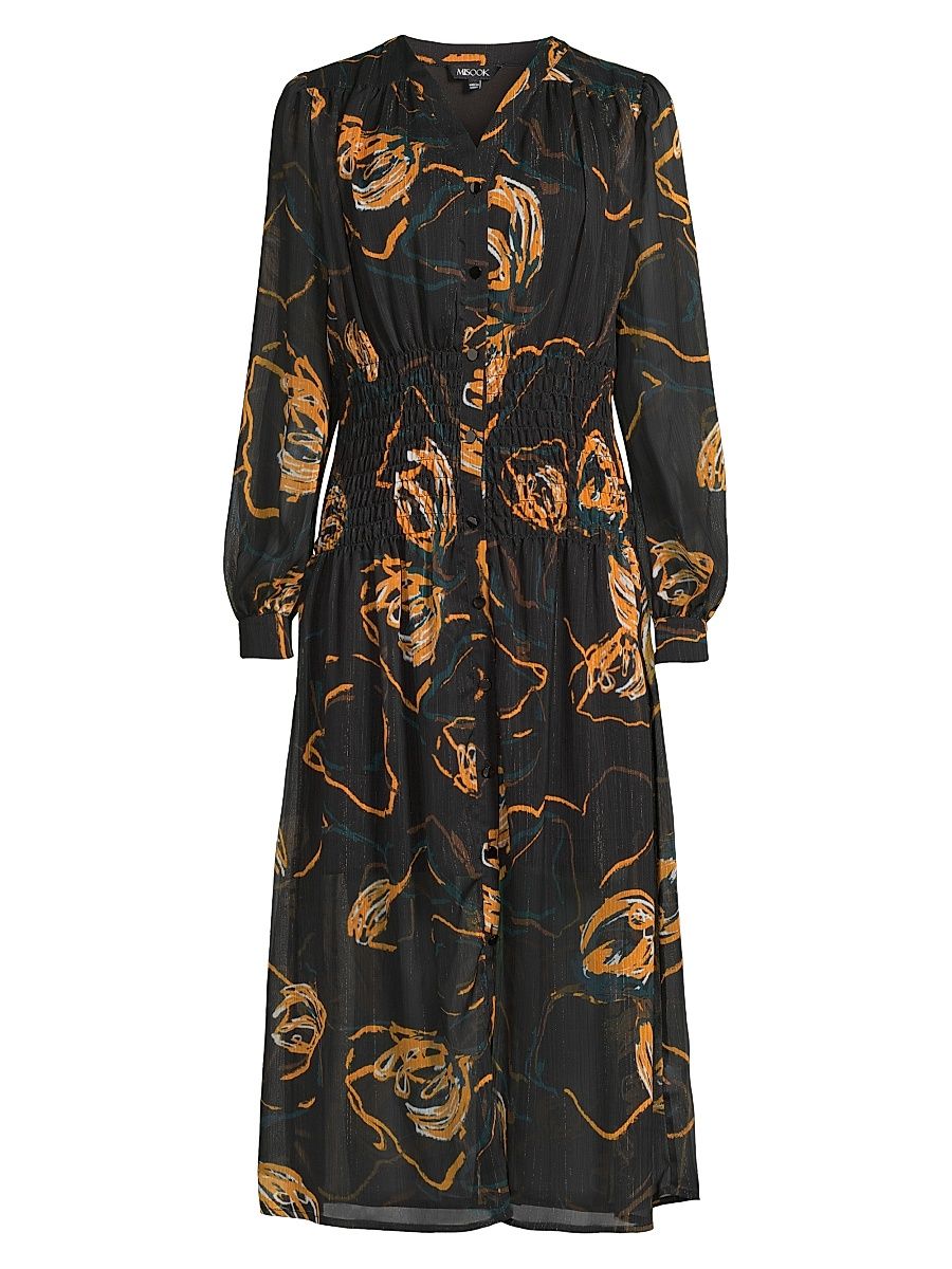 Women's Geometric Chiffon Smocked Midi-Dress - Black Ochre Spruce - Size Medium