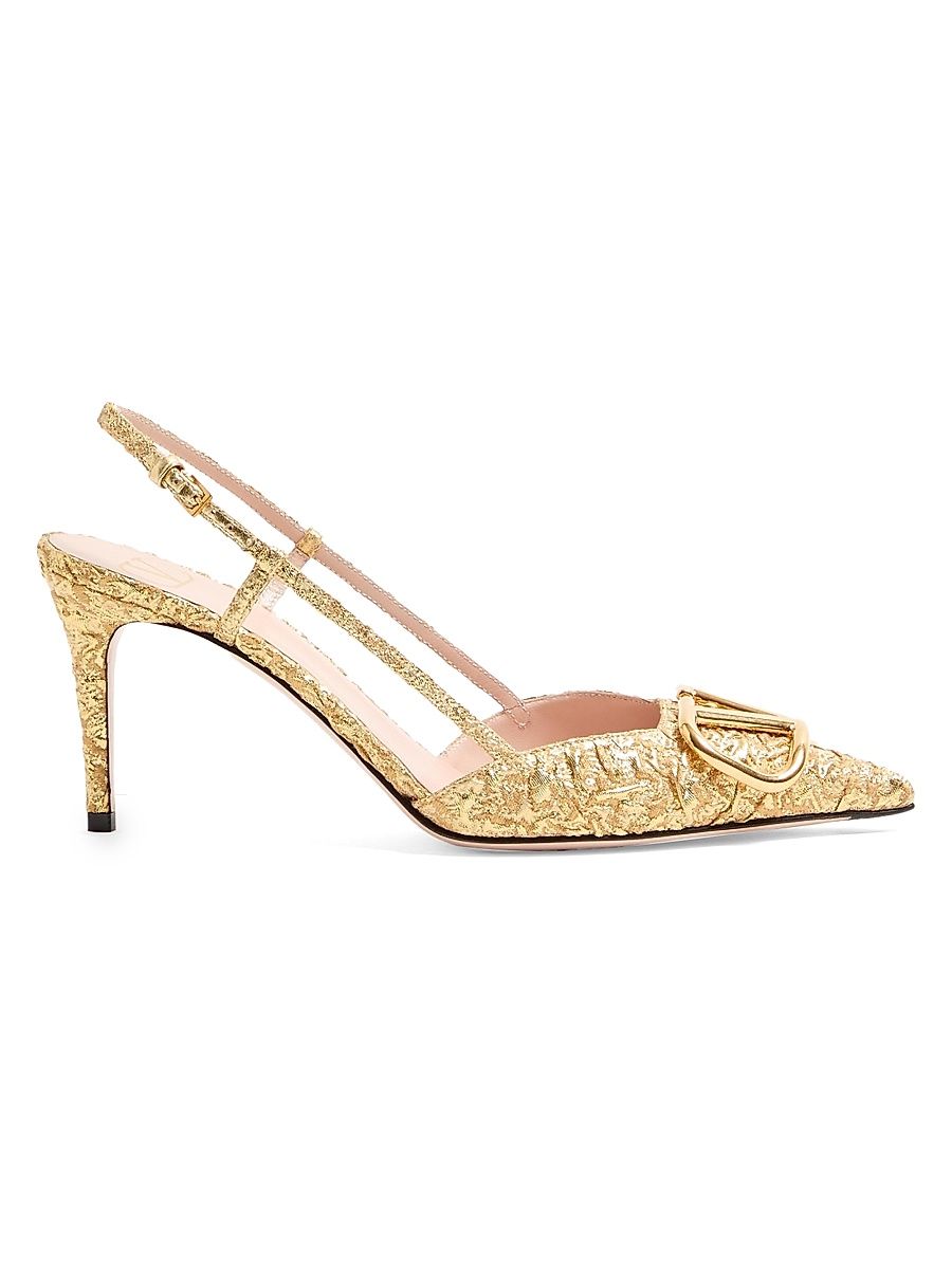Women's VLogo Signature 80MM Slingback Pumps in Cloqué Jacquard Fabric - Gold - Size 11
