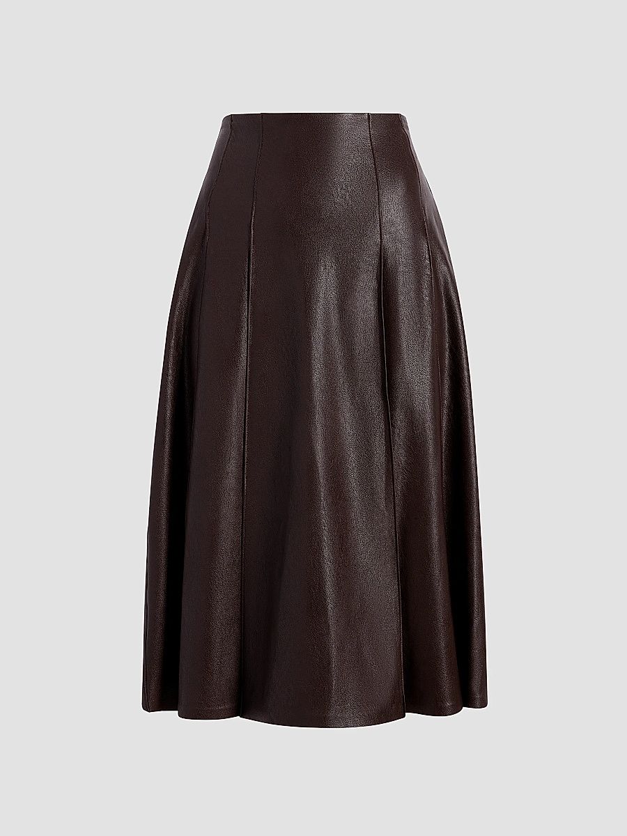 Women's Pleated Faux-Leather Midi Skirt - Espresso - Size XL