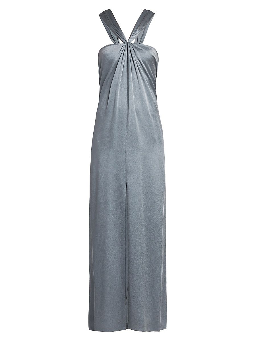 Women's Silk Halterneck Column Gown - Light Grey - Size 2